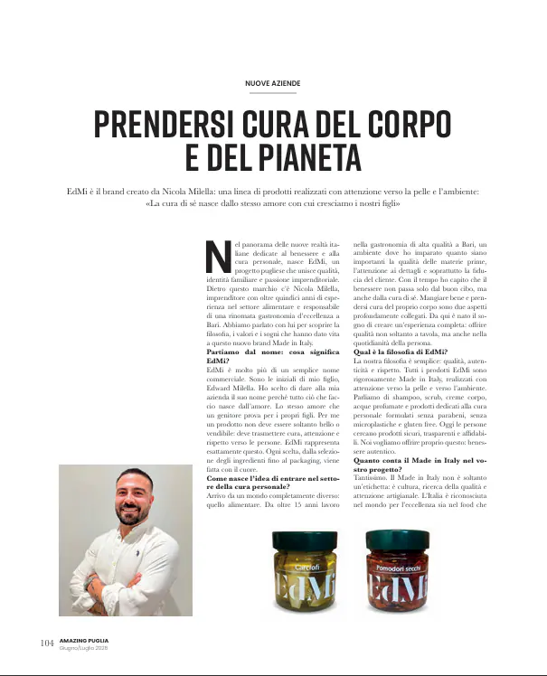 Pagina 104 di Amazing Puglia: l’articolo «Prendersi cura del corpo e del pianeta» con la foto di Nicola e due vasetti EdMi.